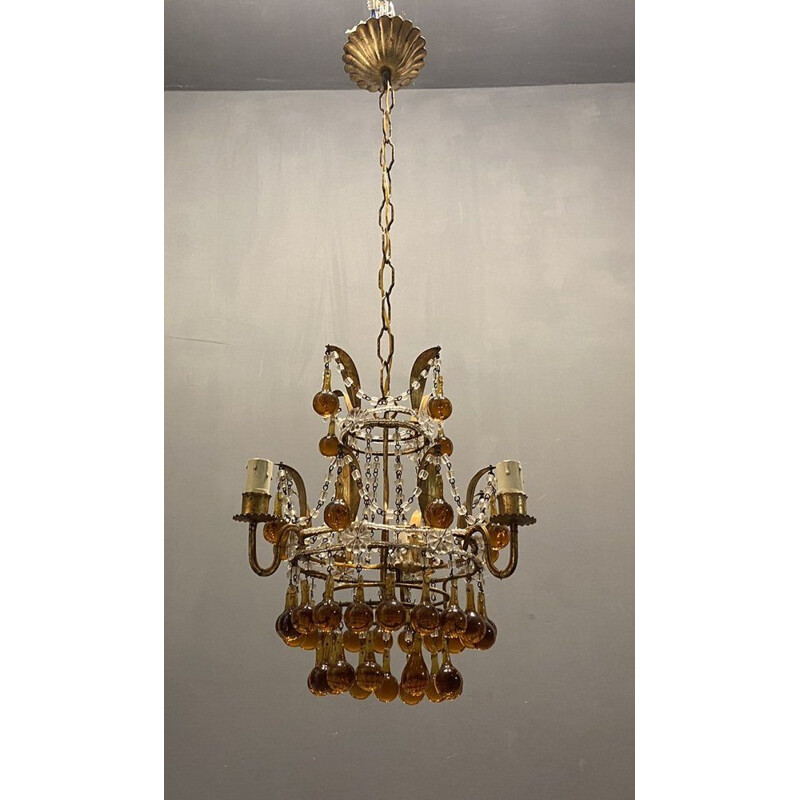 Lampadario veneziano vintage con gocce di vetro di Murano dorate