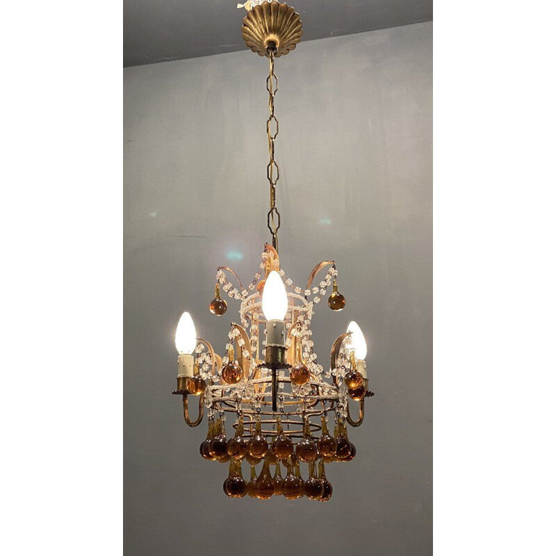 Lampadario veneziano vintage con gocce di vetro di Murano dorate