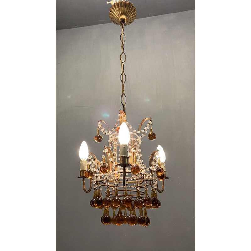 Vintage Venetian chandelier with golden Murano glass drops