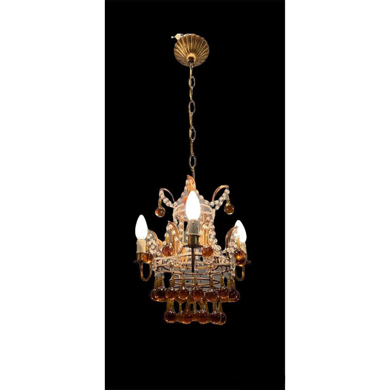 Lampadario veneziano vintage con gocce di vetro di Murano dorate
