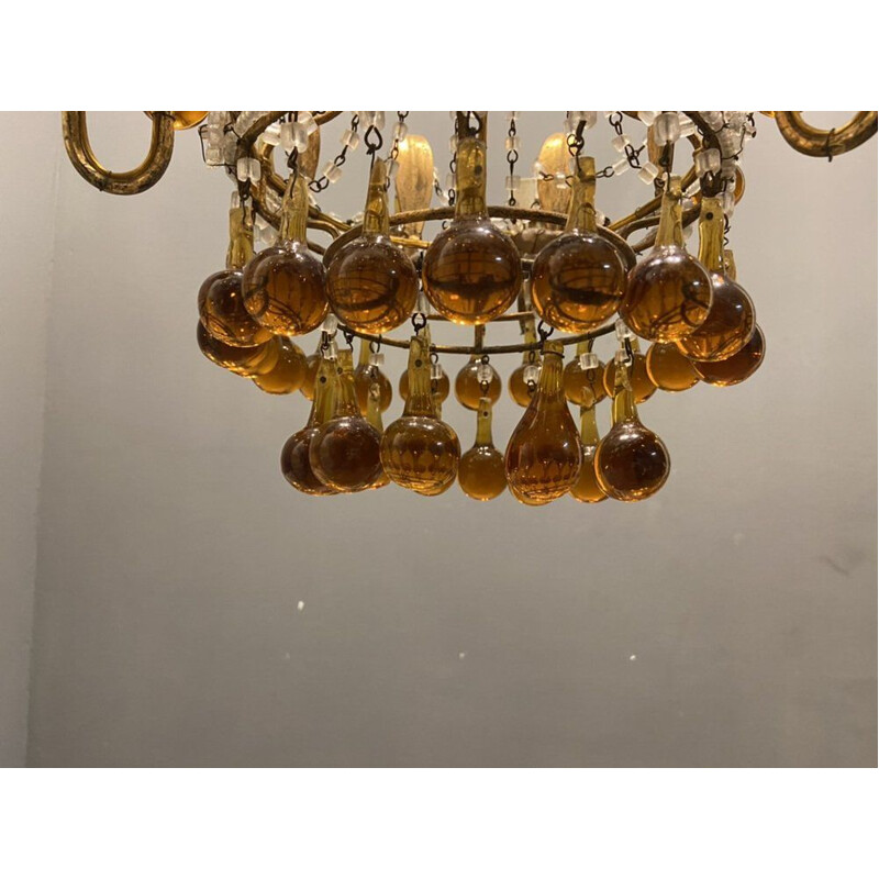 Vintage Venetian chandelier with golden Murano glass drops