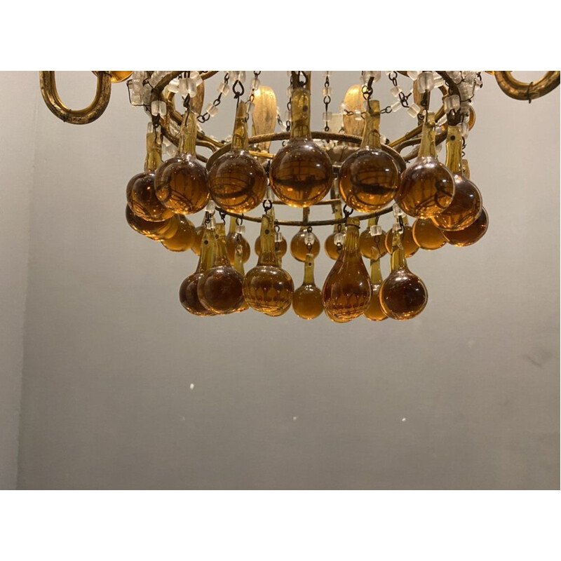 Vintage venezianischer Kronleuchter mit Tropfen aus vergoldetem Muranoglas