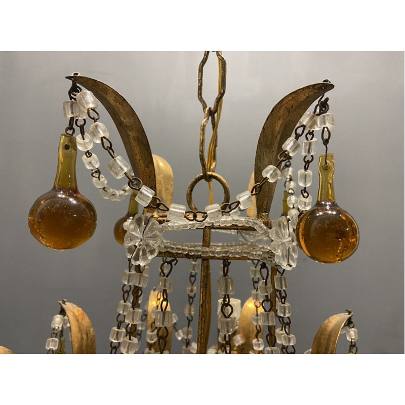 Vintage Venetiaanse kroonluchter met gouden Murano glazen druppels