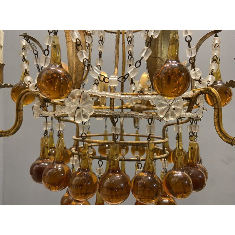 Lampadario veneziano vintage con gocce di vetro di Murano dorate