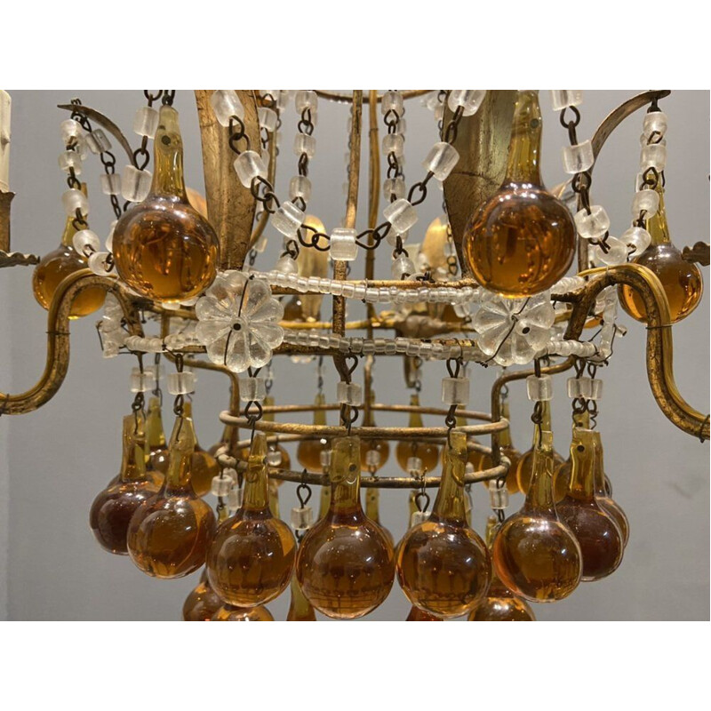 Vintage Venetiaanse kroonluchter met gouden Murano glazen druppels