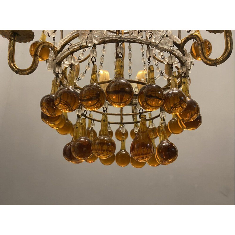 Araña veneciana vintage con gotas de cristal de Murano dorado