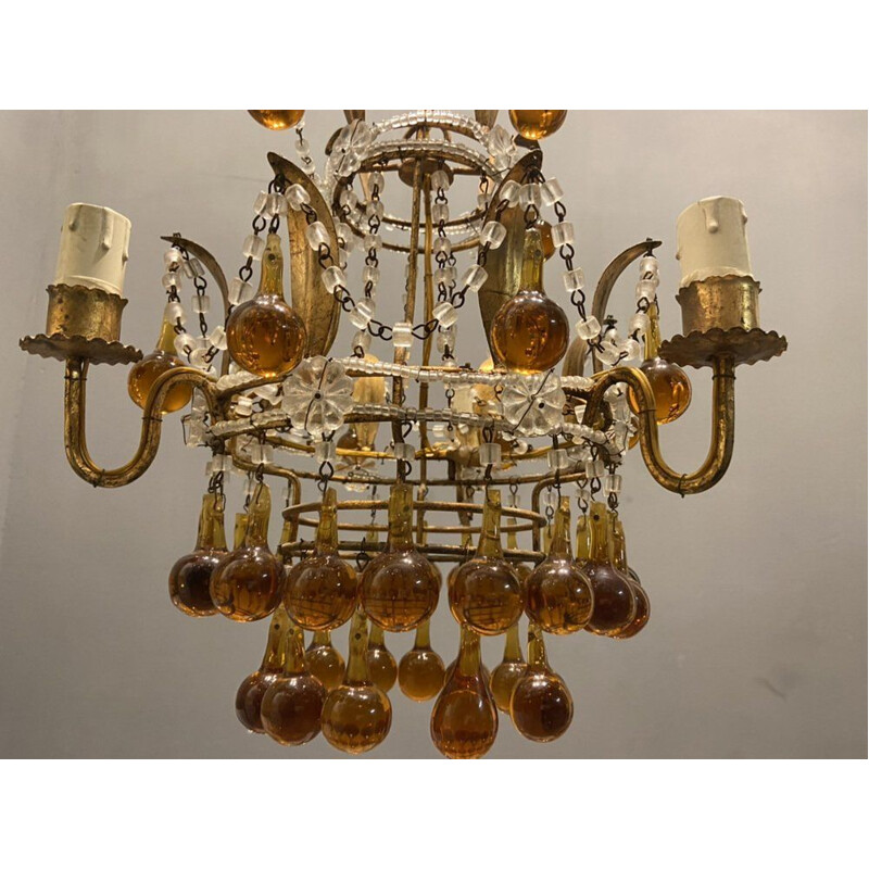 Candelabro Veneziano Vintage com gotas de vidro Murano dourado