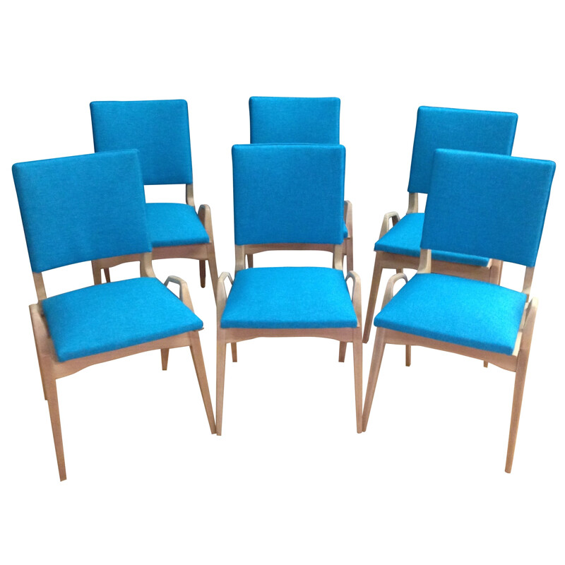 Suite of 6 blue fabric chairs - 1950s