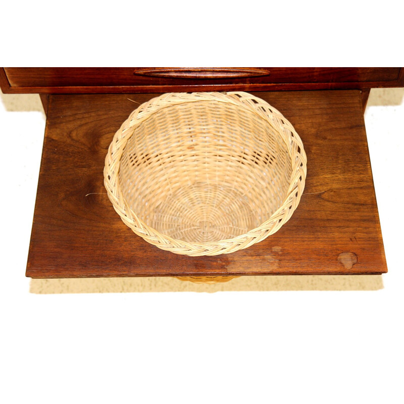 Vintage night stand with rattan basket, Denmark 1960