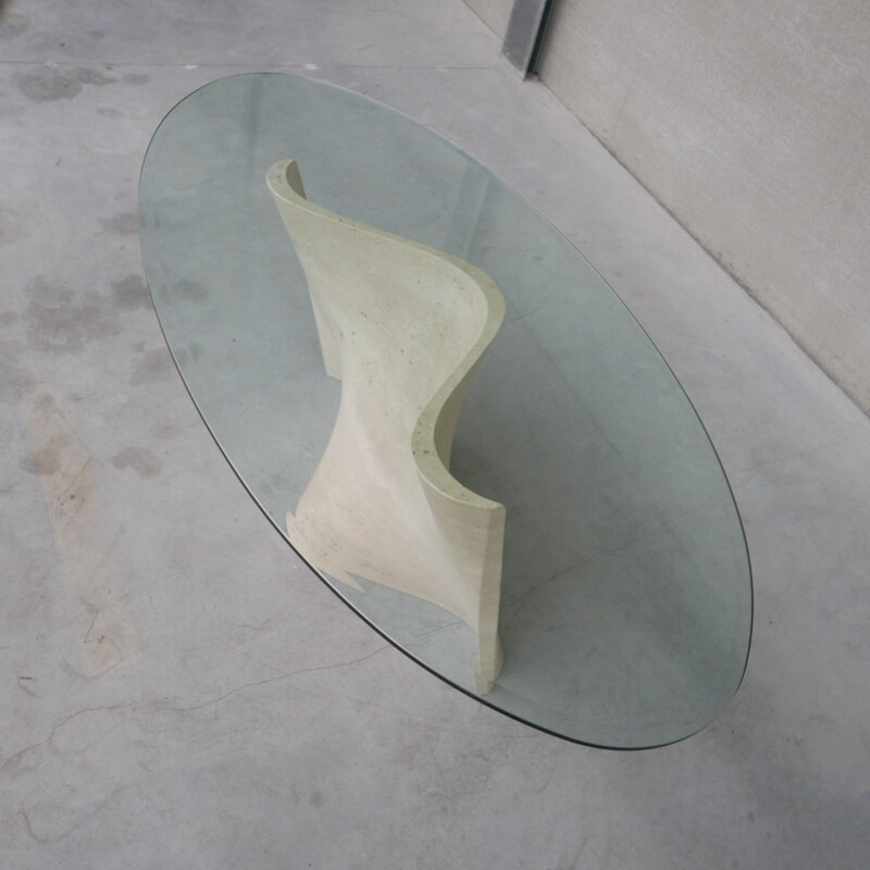 Flowing travertine and glass mid-century dining table, Italy 1970s