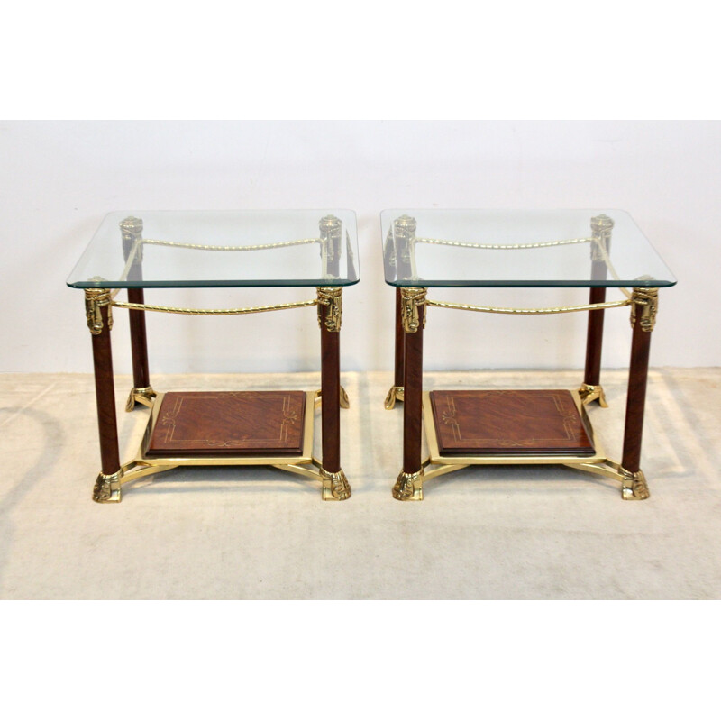Pair of vintage glass and brass side tables by Hollywood Regency, France 1970