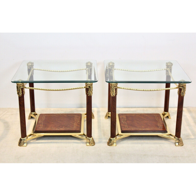 Pair of vintage glass and brass side tables by Hollywood Regency, France 1970