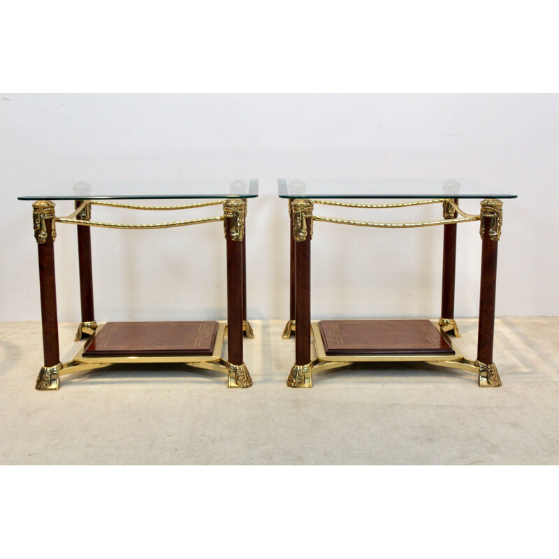 Pair of vintage glass and brass side tables by Hollywood Regency, France 1970