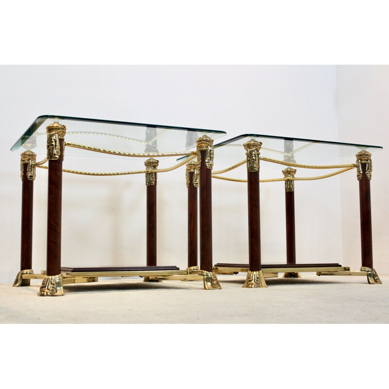 Pair of vintage glass and brass side tables by Hollywood Regency, France 1970