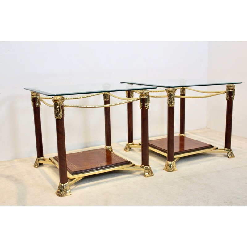 Pair of vintage glass and brass side tables by Hollywood Regency, France 1970