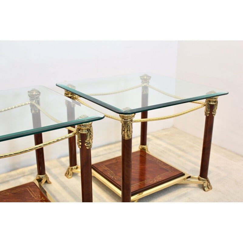 Pair of vintage glass and brass side tables by Hollywood Regency, France 1970