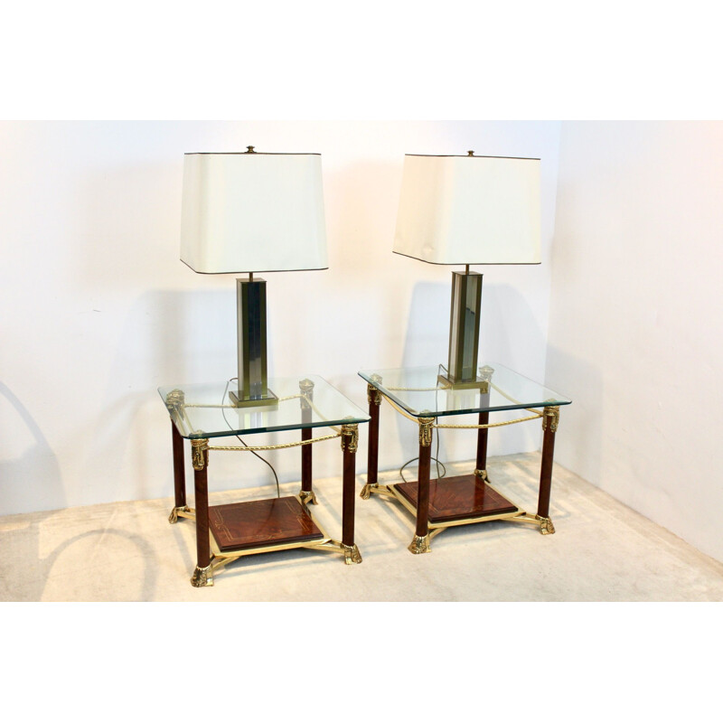 Pair of vintage glass and brass side tables by Hollywood Regency, France 1970