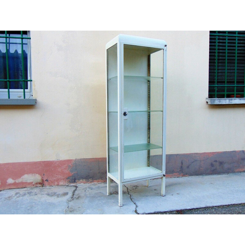 Vintage iron and glass medical display cabinet