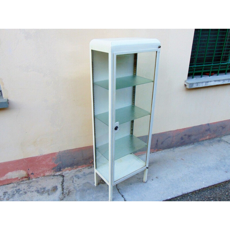 Vintage iron and glass medical display cabinet