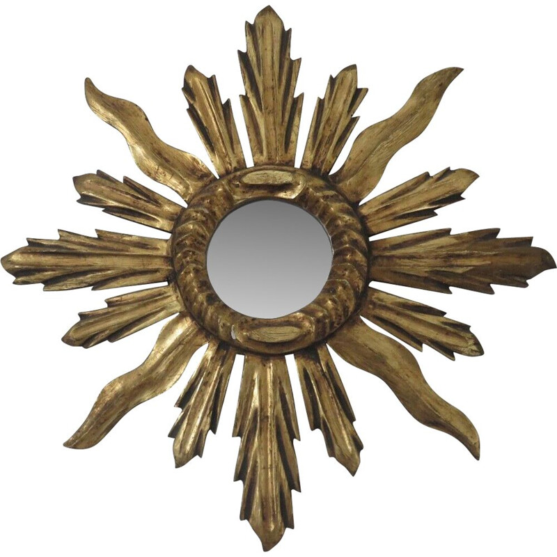 Miroir soleil vintage en bois doré, 1960