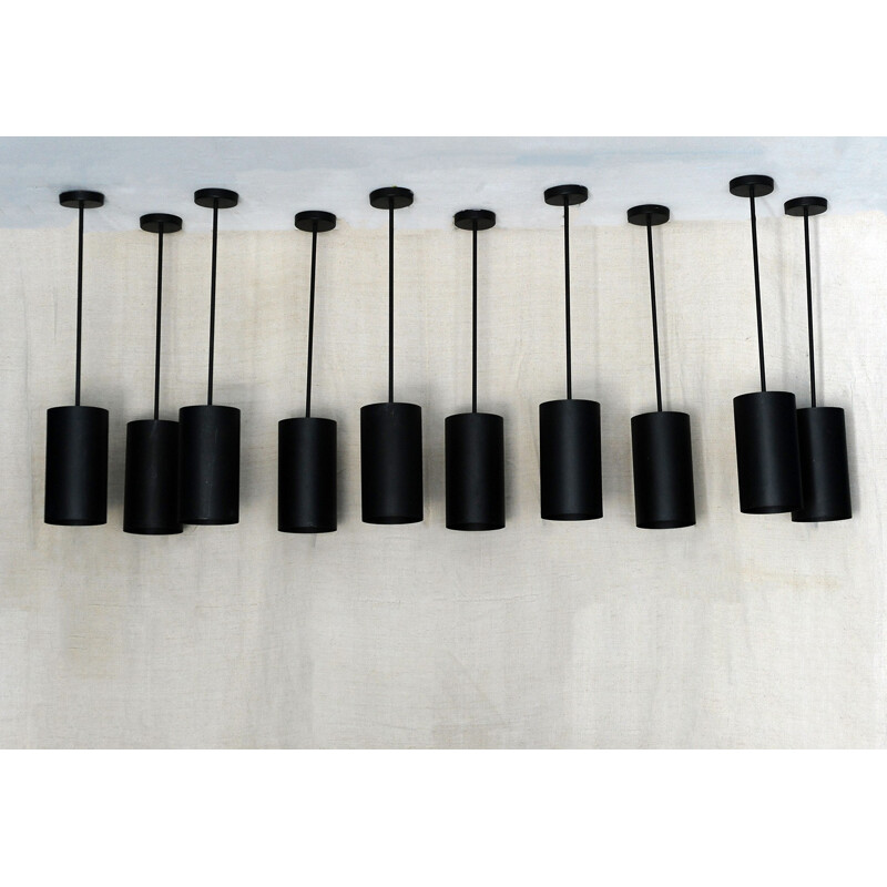 Set of 10 black metal hanging lamps - 1950s