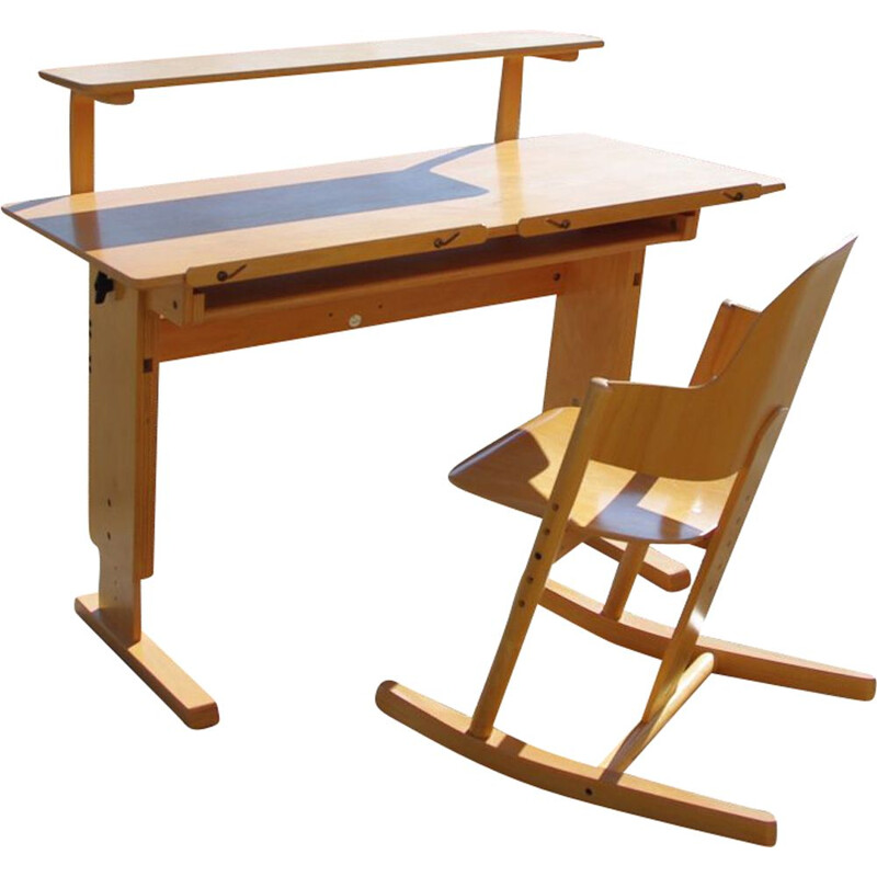 Vintage-Schreibtisch und Schaukelstuhl aus mitwachsendem Buchenholz für MOIZI, 1990