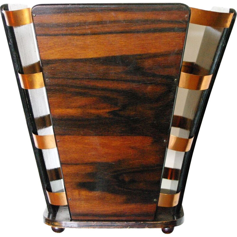 Vintage wastepaper basket in ebony and Macassar brass by E J Ruhlmann, 1930