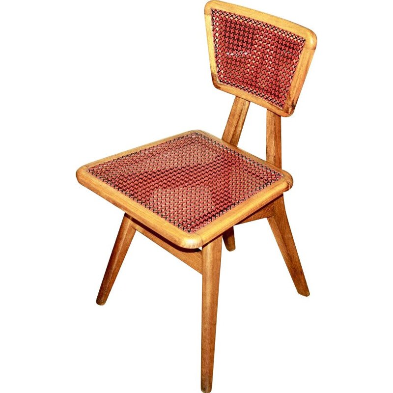 Cadeira de faia Vintage com cana vermelha e preta de Pierre Cruège para Roset, 1950
