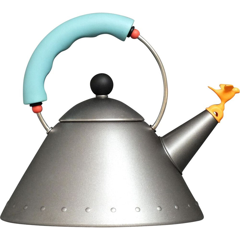 Vintage tea kettle in matte platinum gray enamel by Michael Graves for Alessi, Italy