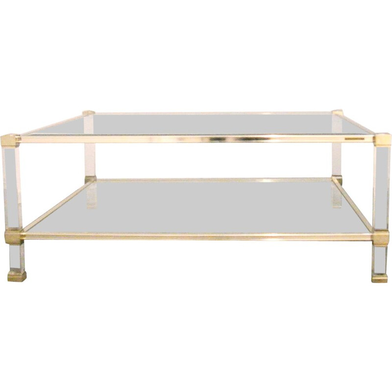 Vintage square lucite and brass coffee table by Pierre VANDEL, 1970s