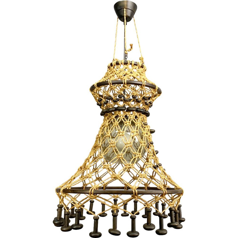 Vintage teak wood and sisal chandelier type 886 by Temde Mackramee, Germany 1960s