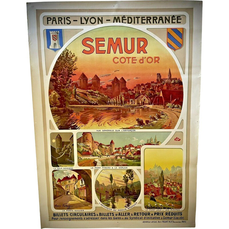 Affiche originale vintage "chemin de fer Plm - Semur en Auxois" par Henri Polard