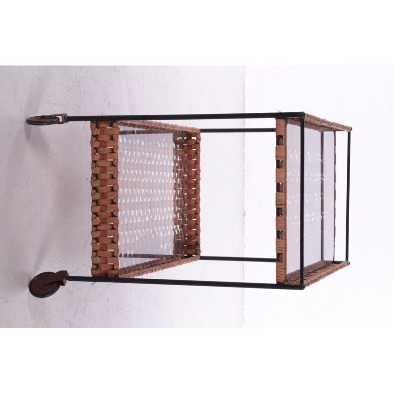 Vintage French rattan trolley with glass tops, 1960