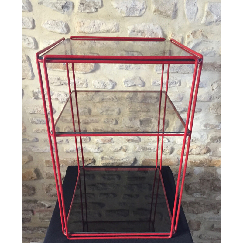 Vintage red "isosceles" shelf in smoked glass by Max Sauze