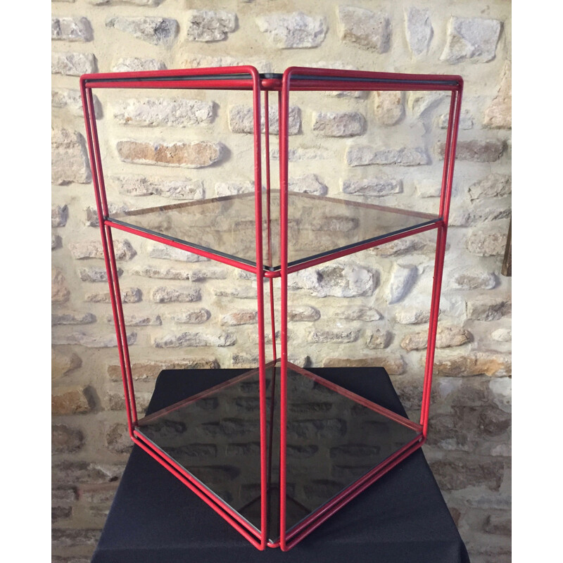 Vintage red "isosceles" shelf in smoked glass by Max Sauze