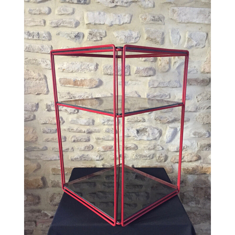 Vintage red "isosceles" shelf in smoked glass by Max Sauze