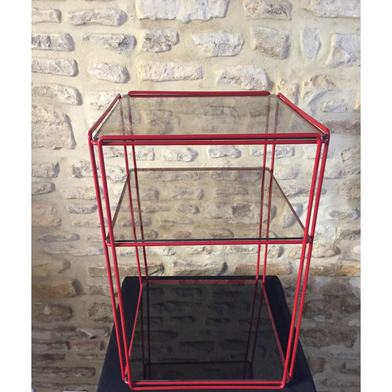 Vintage red "isosceles" shelf in smoked glass by Max Sauze