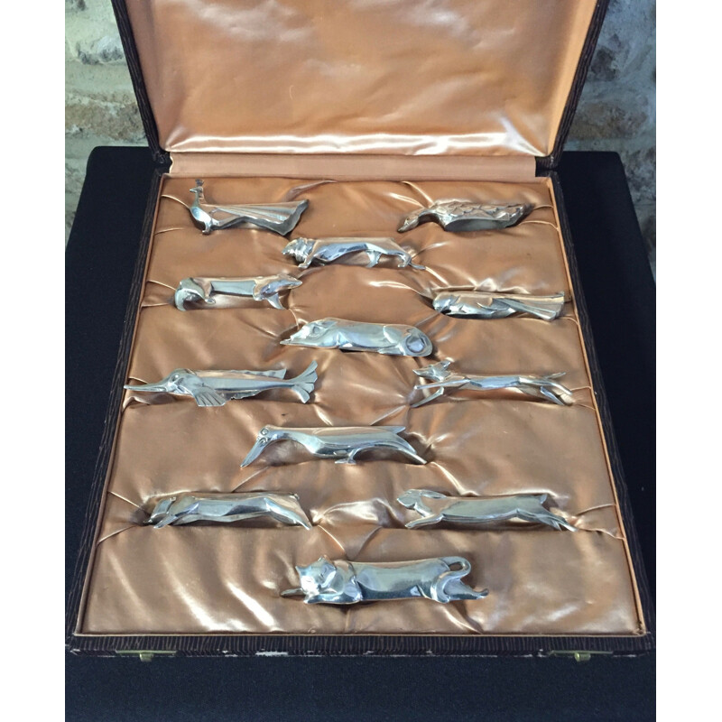 Lot de 12 porte-couteaux animalier vintage par Edouard Marcel Sandoz pour la Maison Gallia, 1930