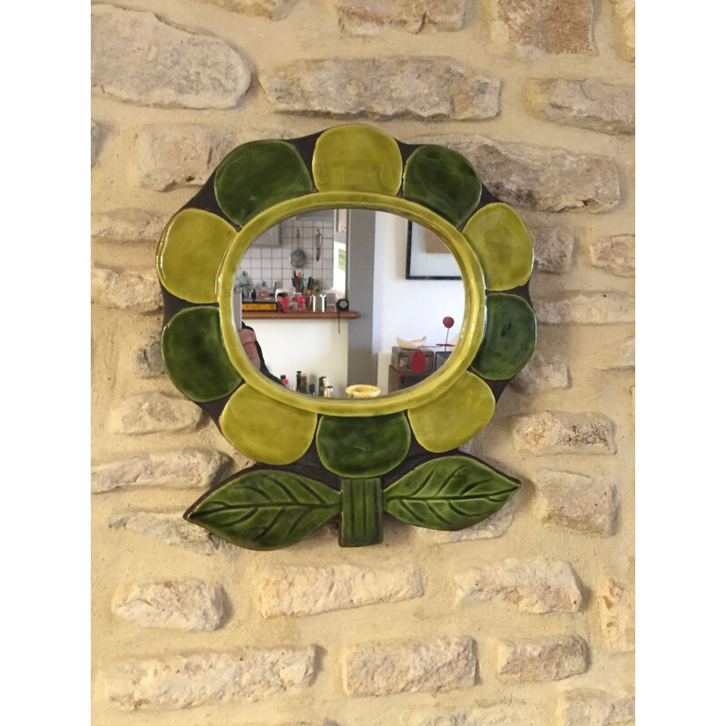 Miroir vintage en fleur de Mithé Espelt verte en céramique