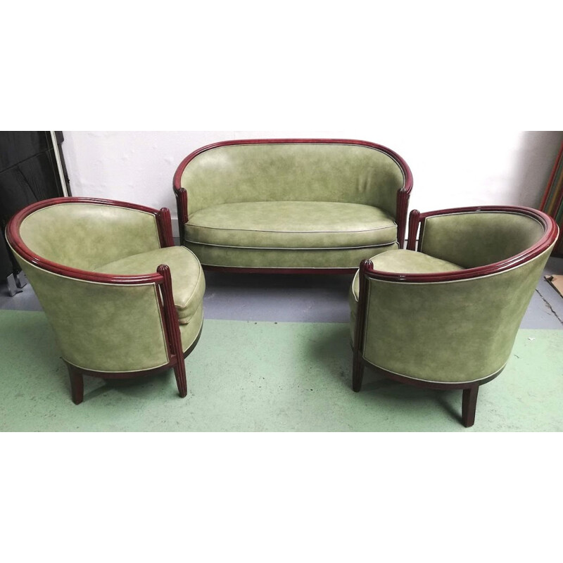 Vintage Rosello living room set in beechwood and green leather