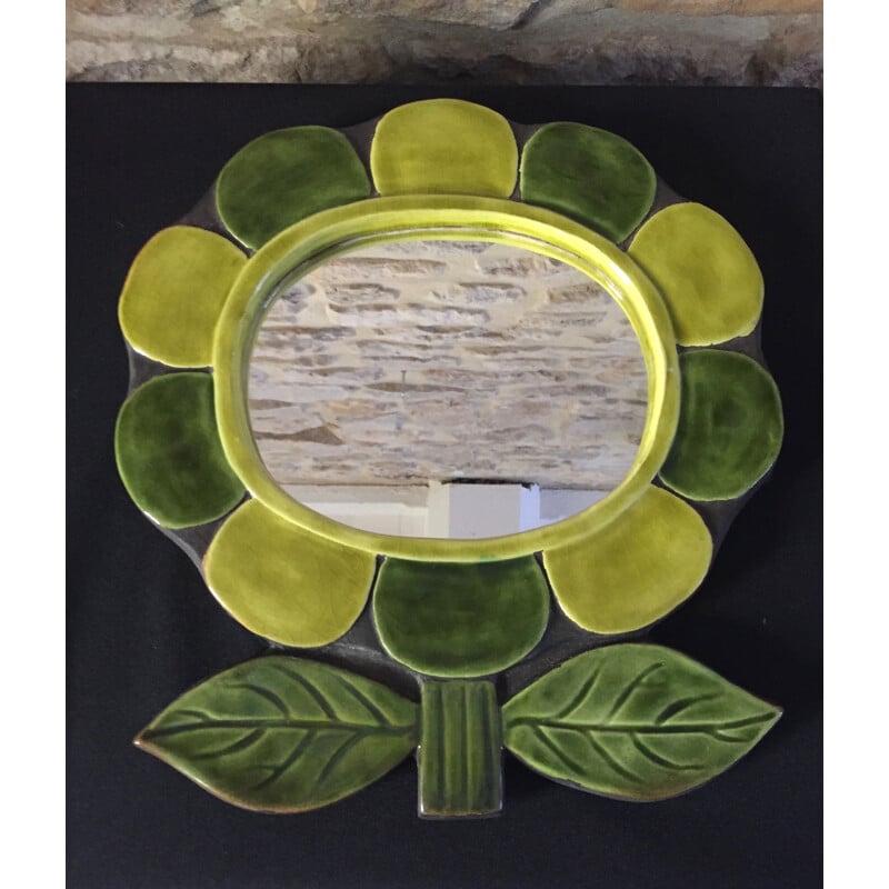 Miroir vintage en fleur de Mithé Espelt verte en céramique