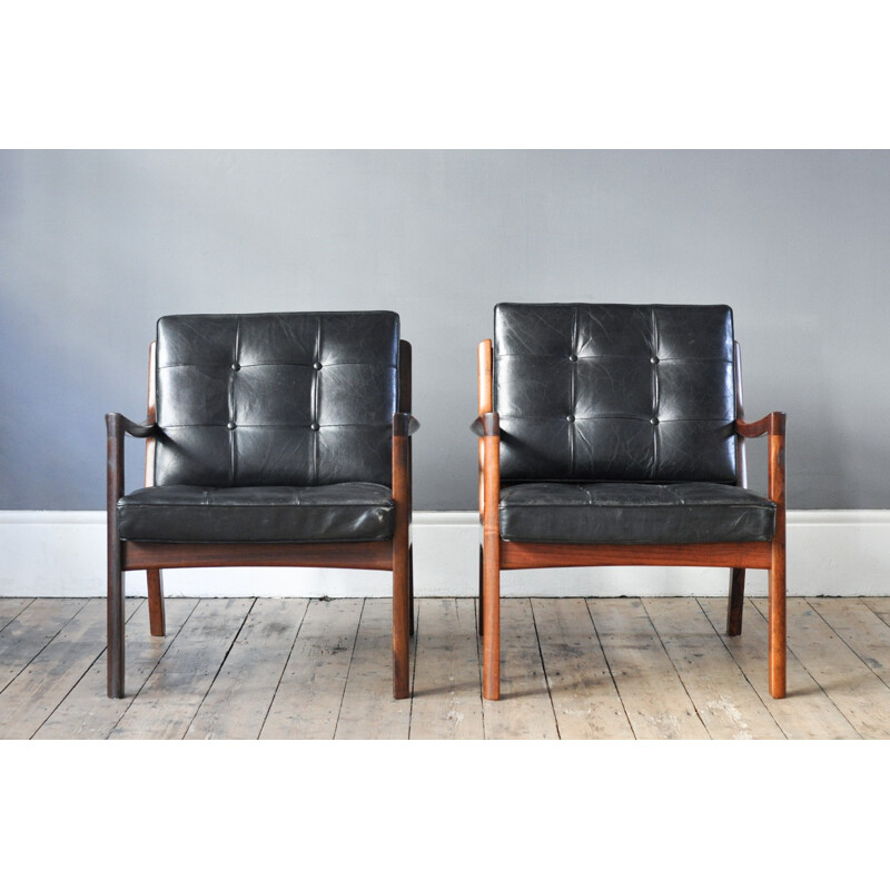 Pair of black France & Son armchairs in rosewood, Ole WANSCHER - 1950s