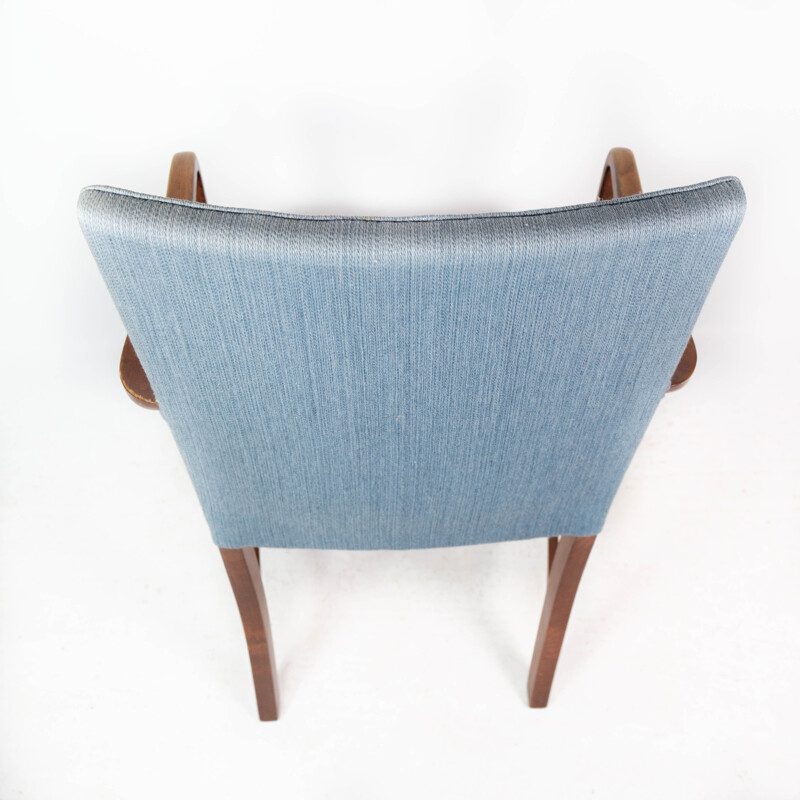 Vintage mahoniehouten fauteuil met lichtblauwe stoffen bekleding van Fritz Hansen