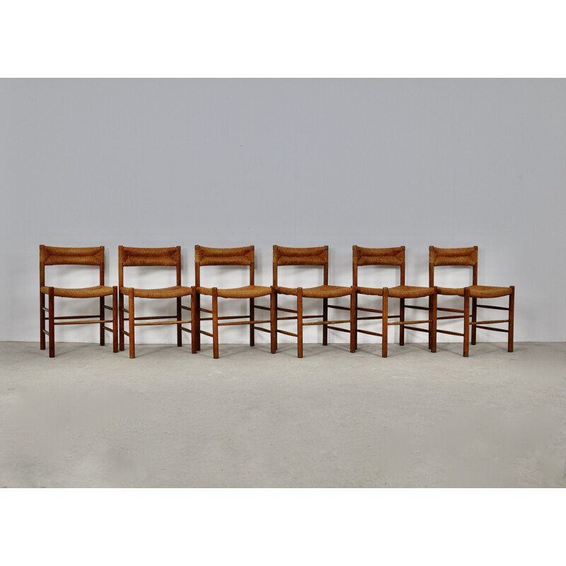 Ensemble de 6 chaises vintage en bois et paillage Dordogne pour Sentou, 1950