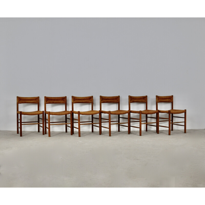 Set of 6 vintage wood and mulch chairs Dordogne for Sentou, 1950s