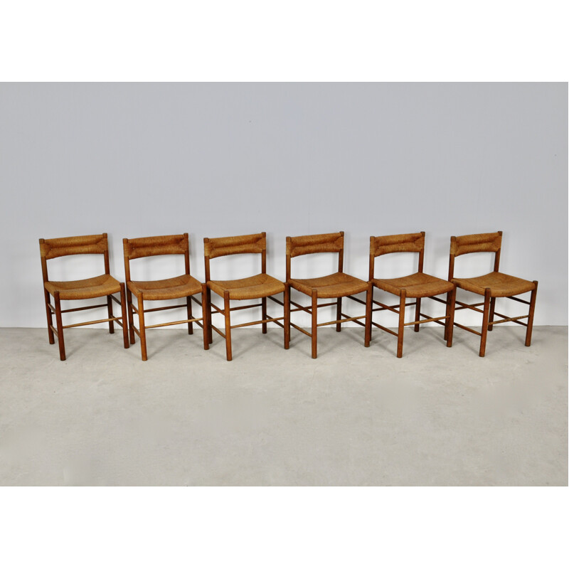 Set of 6 vintage wood and mulch chairs Dordogne for Sentou, 1950s