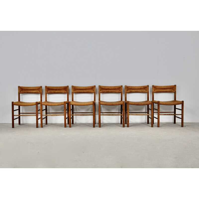 Ensemble de 6 chaises vintage en bois et paillage Dordogne pour Sentou, 1950