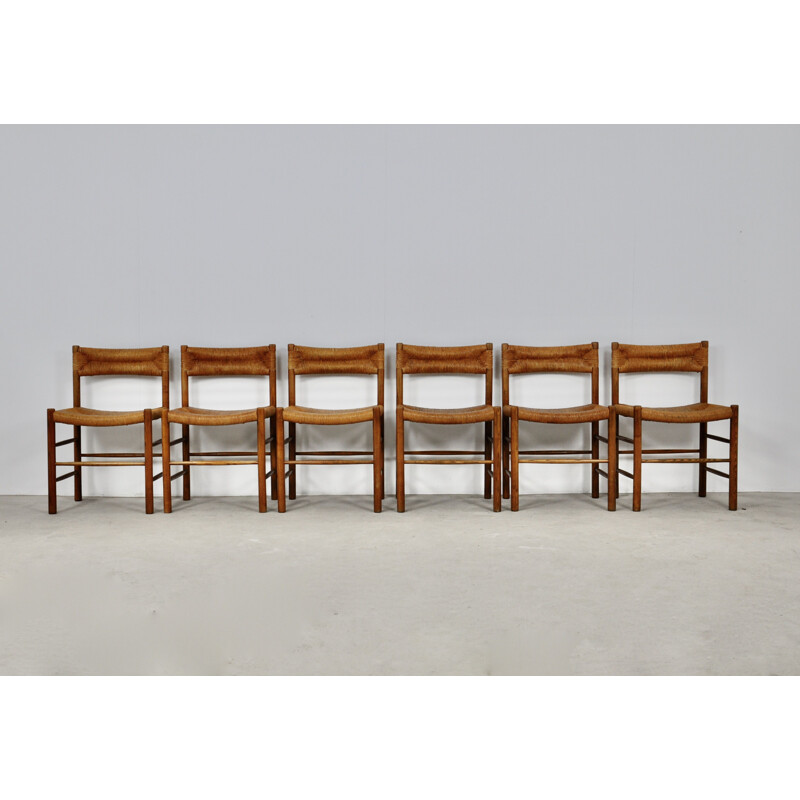 Set of 6 vintage wood and mulch chairs Dordogne for Sentou, 1950s