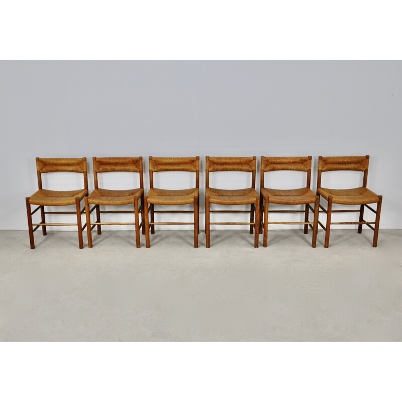 Set of 6 vintage wood and mulch chairs Dordogne for Sentou, 1950s