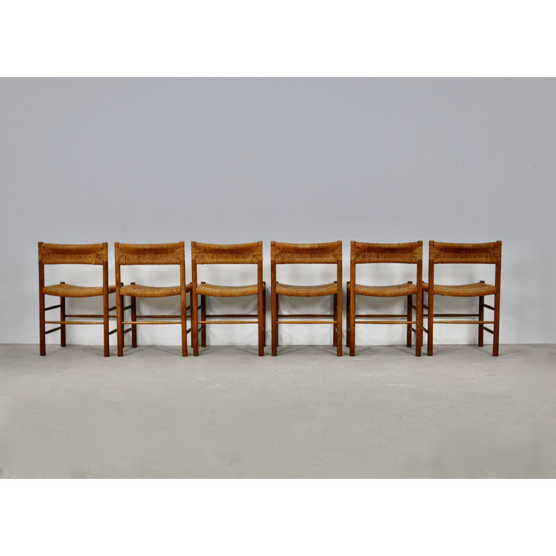 Set of 6 vintage wood and mulch chairs Dordogne for Sentou, 1950s